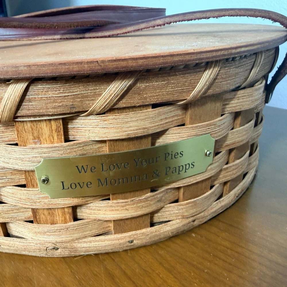 Handmade Pie Basket Large Brown Woven Wood Carrier Vintage Leather Straps